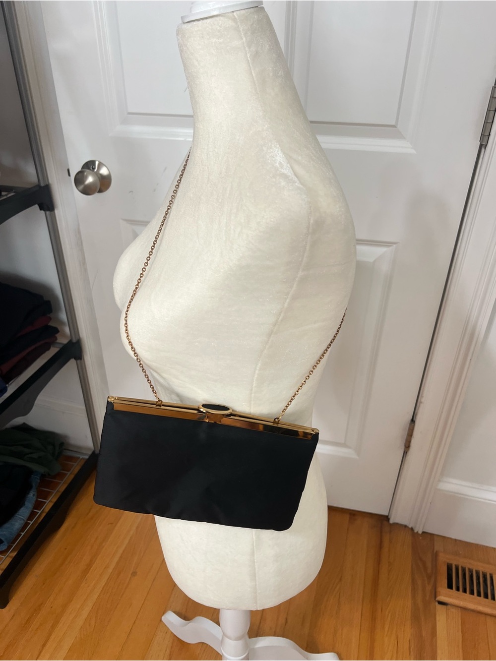 Vintage Black Satin Chain-Shoulder Clutch
